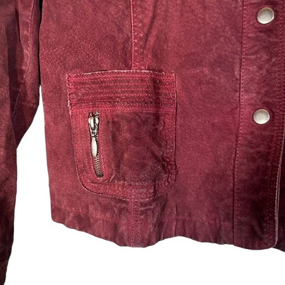 Chico's Red Maroon Leather Suede Collared Button Front Jacket Women Sz 2 Sz M - Picture 3 of 9